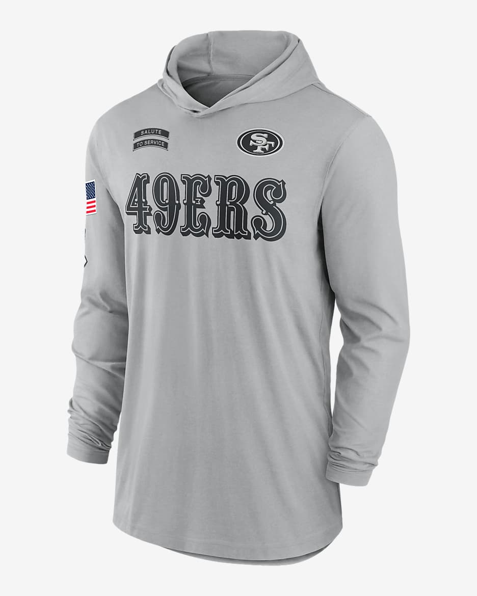 San Francisco 49ers Salute to Service Edge Mascot Lockup Men s Nike Dri FIT NFL Long Sleeve Hooded Top. Nike